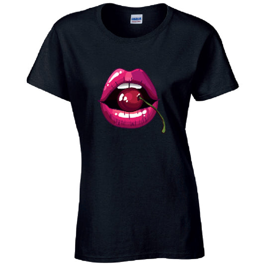 Cherry Lips Ladies Cotton T-Shirt Available in Black Grey and White LT16