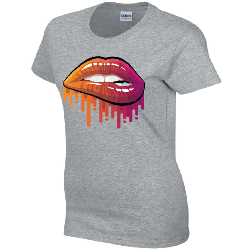 Orange and Pink Lips Ladies Cotton T-Shirt Available in Black Grey and White LT20