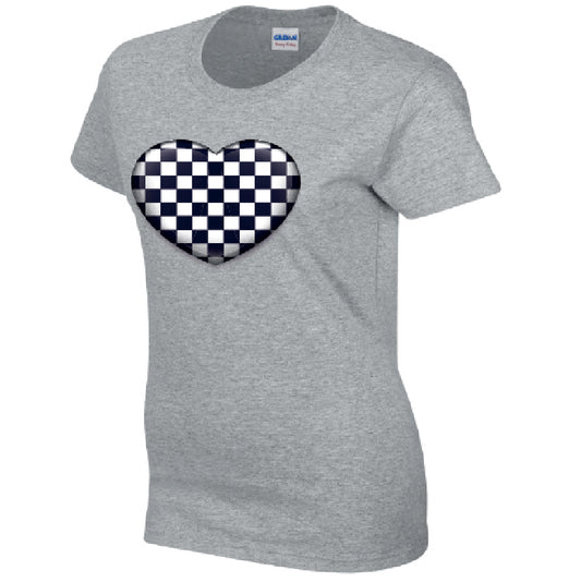Black Chequered Heart Ladies Cotton T-Shirt Available in Black Grey and White LT23