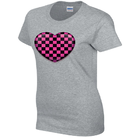 Pink Chequered Heart Ladies Cotton T-Shirt Available in Black Grey and White LT25