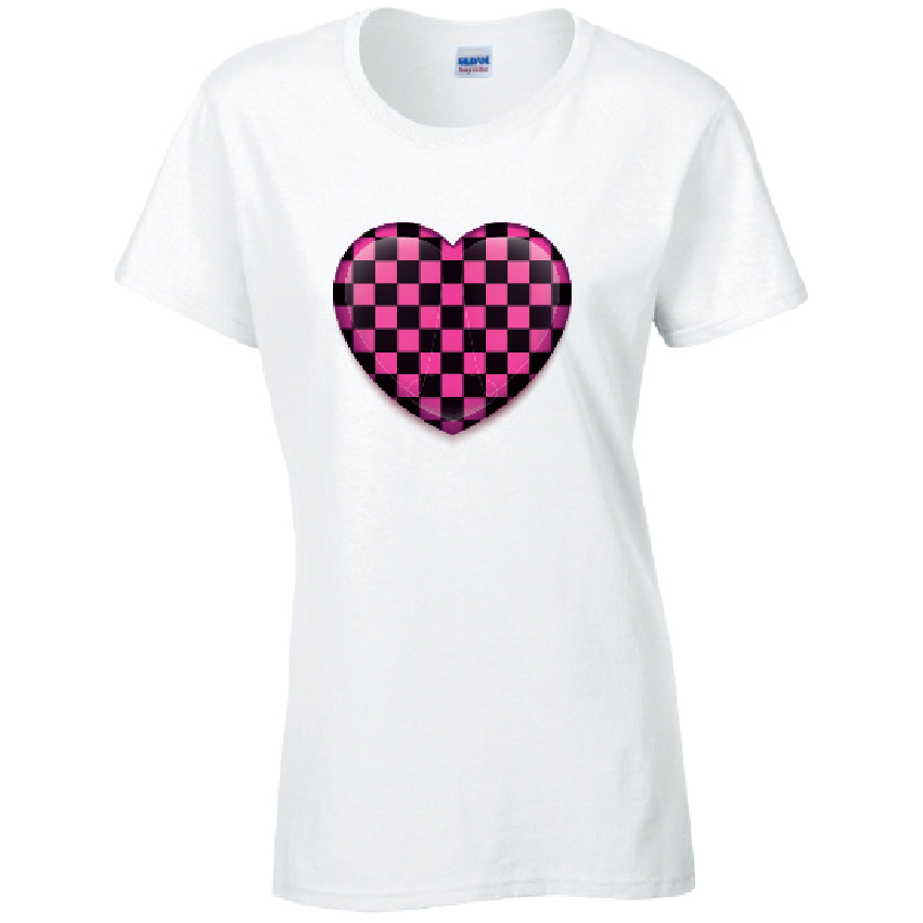 Pink Chequered Heart Ladies Cotton T-Shirt Available in Black Grey and White LT25