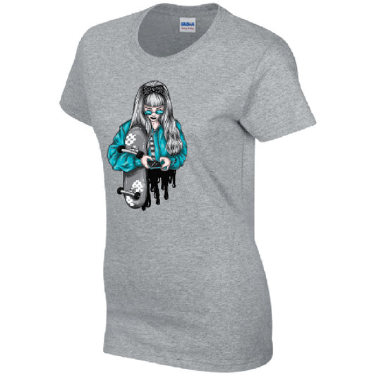 Blue Skater Girl Ladies Cotton T-Shirt Available in Black Grey and White LT31