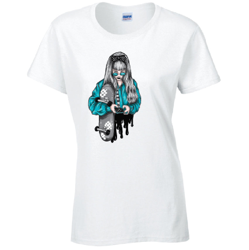 Blue Skater Girl Ladies Cotton T-Shirt Available in Black Grey and White LT31