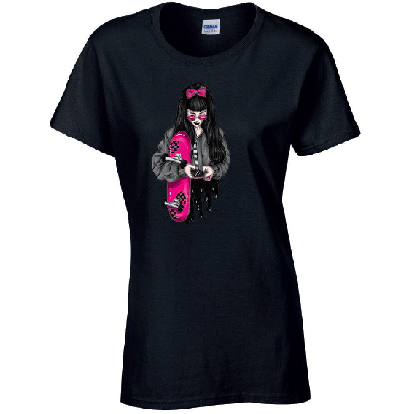 Pink Skater Girl Ladies Cotton T-Shirt Available in Black Grey and White LT37