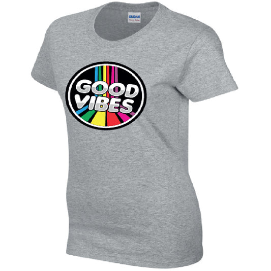 Good Vibes Ladies Cotton T-Shirt Available in Black Grey and White LT39