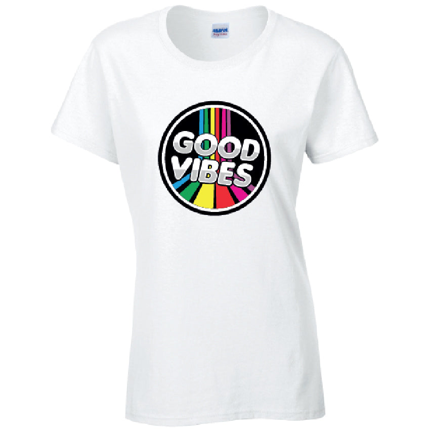 Good Vibes Ladies Cotton T-Shirt Available in Black Grey and White LT39