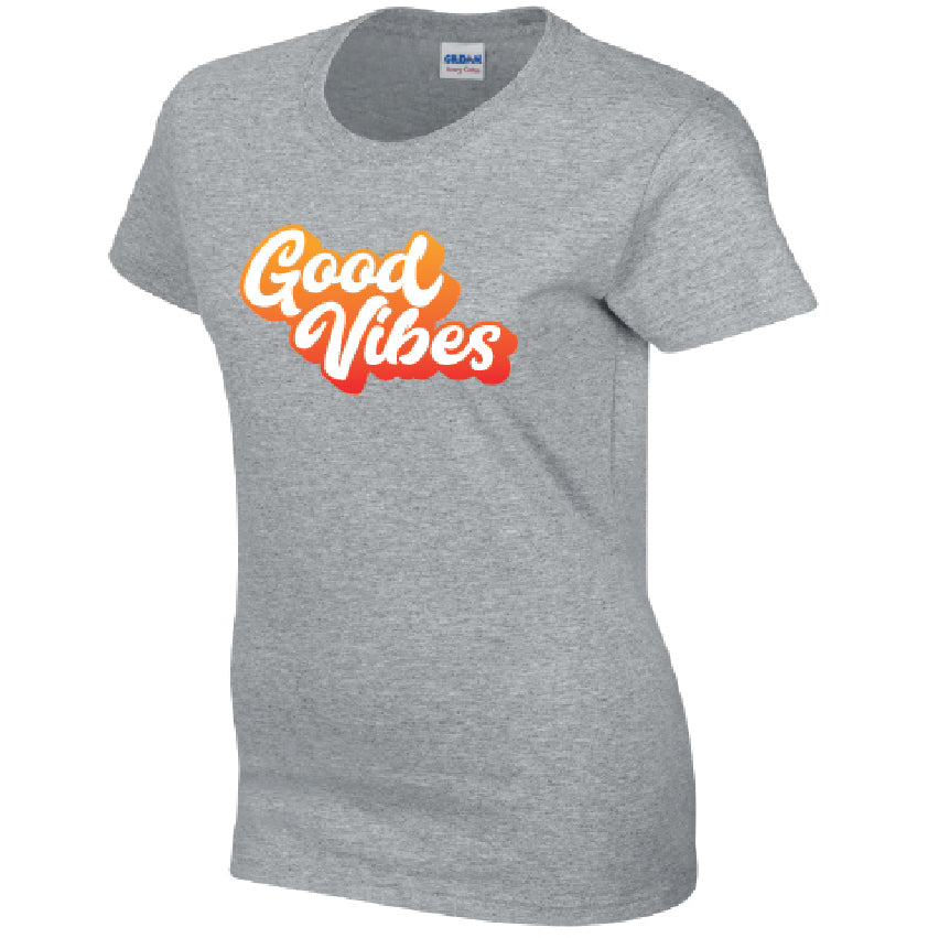 Good Vibes Ladies Cotton T-Shirt Available in Black Grey and White LT40