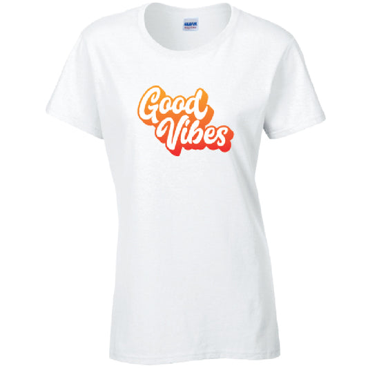Good Vibes Ladies Cotton T-Shirt Available in Black Grey and White LT40