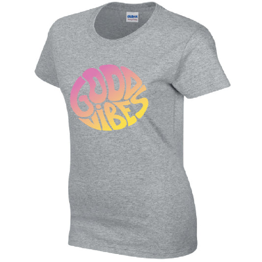 Good Vibes Ladies Cotton T-Shirt Available in Black Grey and White LT41