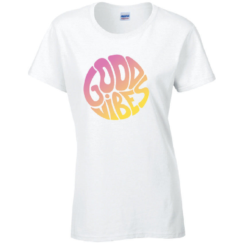 Good Vibes Ladies Cotton T-Shirt Available in Black Grey and White LT41
