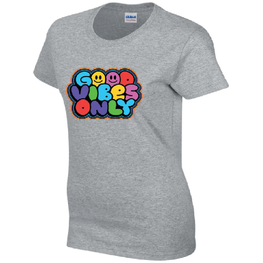 Good Vibes Ladies Cotton T-Shirt Available in Black Grey and White LT42