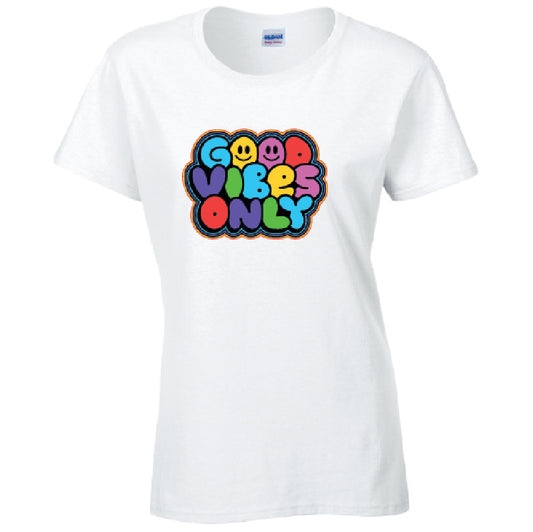 Good Vibes Ladies Cotton T-Shirt Available in Black Grey and White LT42