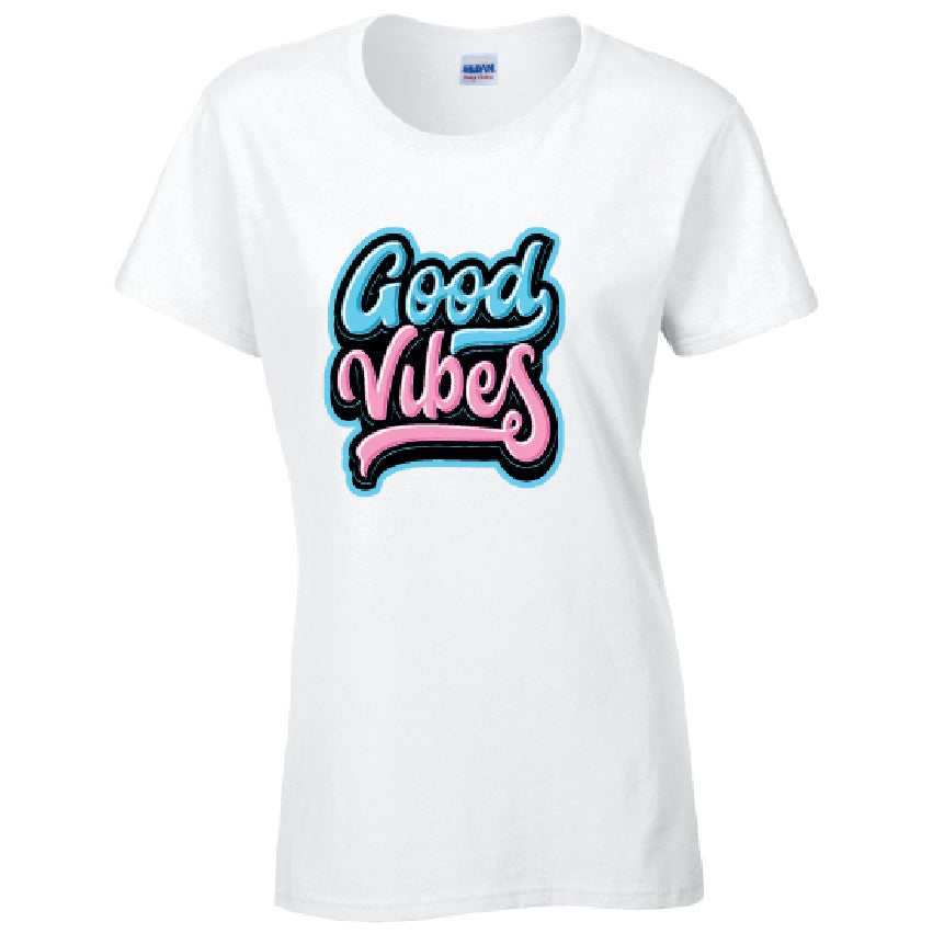 Good Vibes Ladies Cotton T-Shirt Available in Black Grey and White LT43