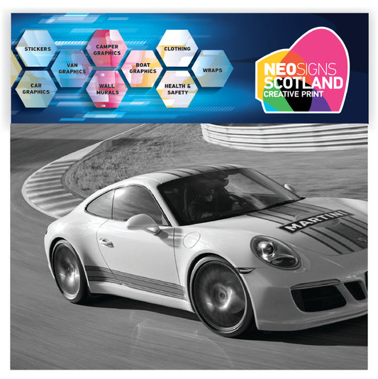 MC1.1 Martini Racing Monochrome Bonnet stripe 1.1m (1100mm) Long laminated for Porsche le mans sticker graphics various widths available