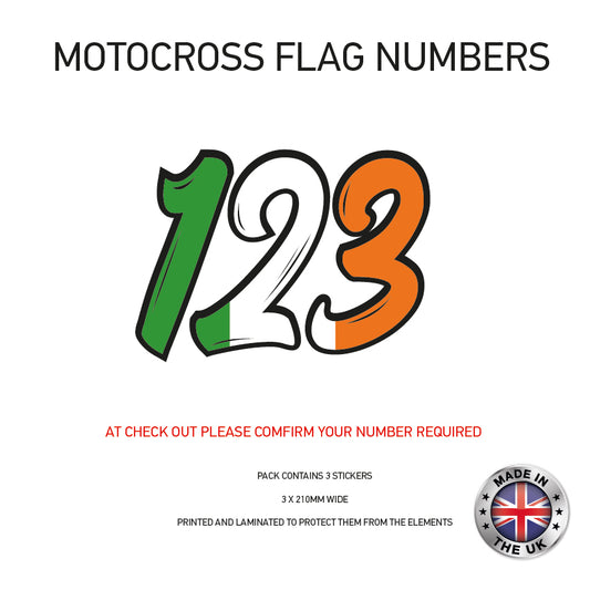 MFN03 3 x Ireland Flag Race Number Vinyl Stickers Motorbike Motorcross Quad