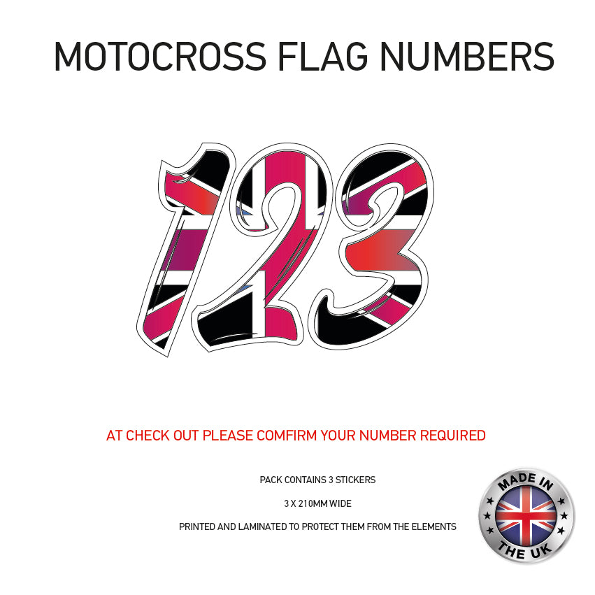 MFN04 3 x UK Pink Flag Race Number Vinyl Stickers Motorbike Motorcross Quad