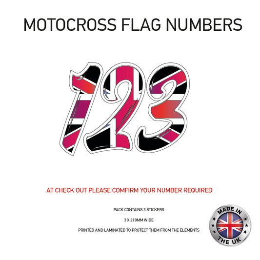 MFN04 3 x UK Pink Flag Race Number Vinyl Stickers Motorbike Motorcross Quad