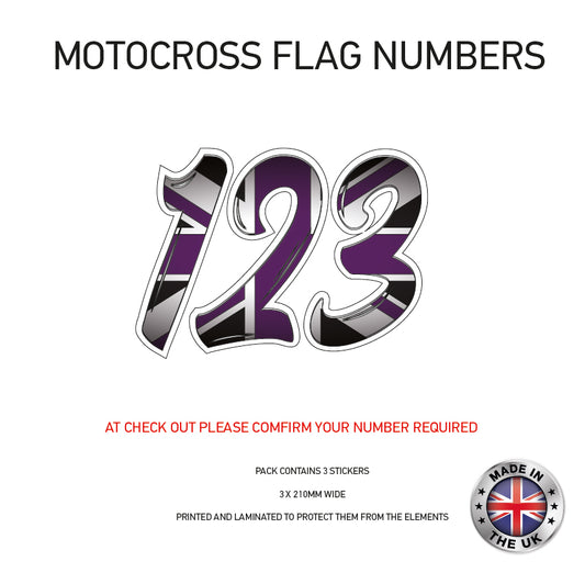 MFN05 3 x UK Purple Flag Race Number Vinyl Stickers Motorbike Motorcross Quad
