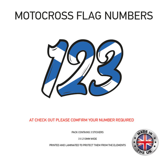 MFN06 3 x Scotland Flag Race Number Vinyl Stickers Motorbike Motorcross Quad