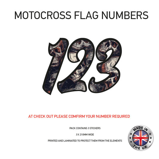 MFN07 3 x Skull Flag Race Number Vinyl Stickers Motorbike Motorcross Quad