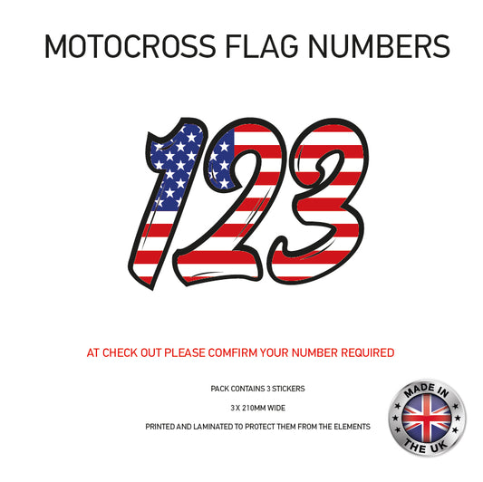MFN09 3 x USA Flag Race Number Vinyl Stickers Motorbike Motorcross Quad