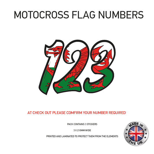 MFN10 3 x Wales Flag Race Number Vinyl Stickers Motorbike Motorcross Quad