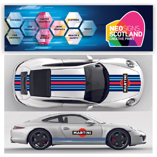 A graphic design of a Martini Racing Style stipes with black logo applied on a white Porsche Le Mans car.