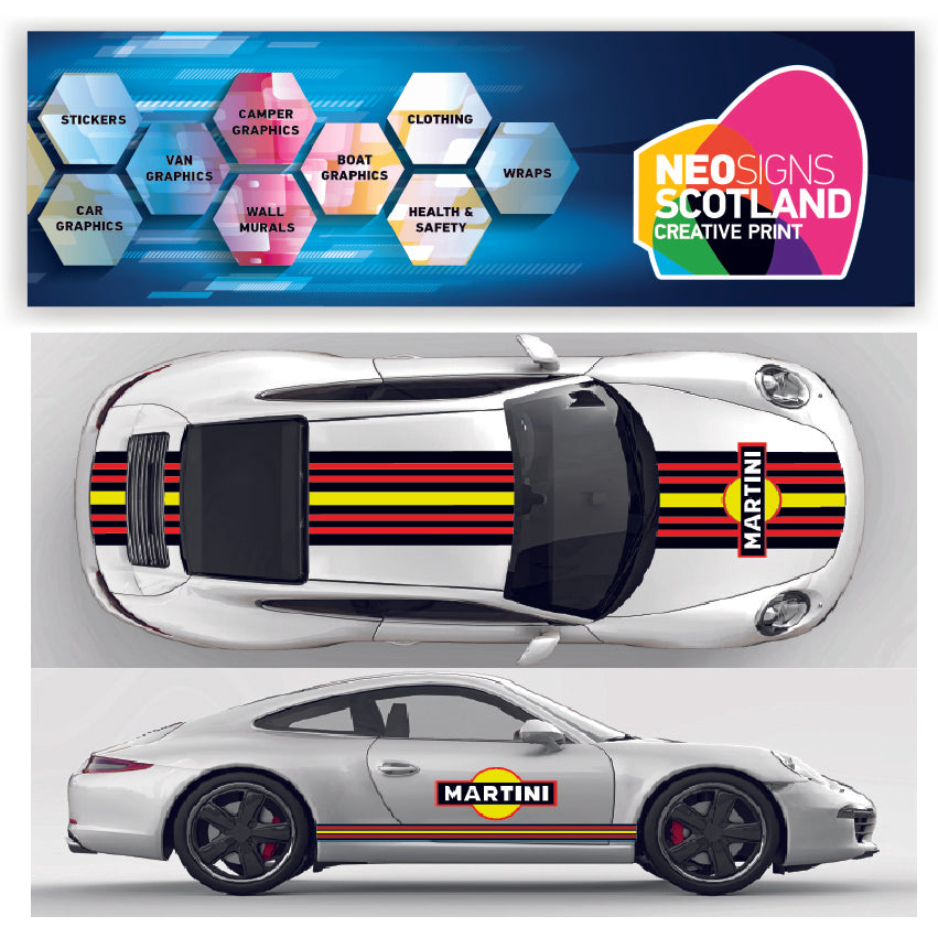 A collage showing a Porsche Le Mans vehicle with Martini Racing style german stripes kit. Includes images of the car with different views and the Neo Scotland logo.