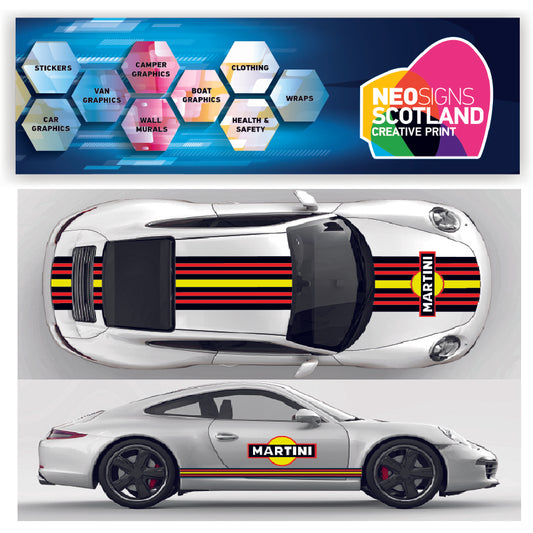 A collage showing a Porsche Le Mans vehicle with Martini Racing style german stripes kit. Includes images of the car with different views and the Neo Scotland logo.