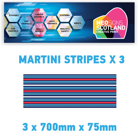 MR01 3 x 700mm x 75mm Martini Racing stripe Monochrome for Porsche