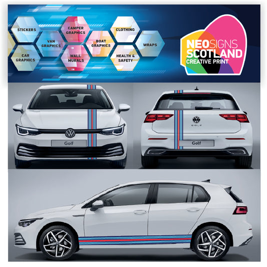 A collection of Martini Racing stickers displayed on a vehicle, showing various Martini logos and stripes in blue, red, and white.