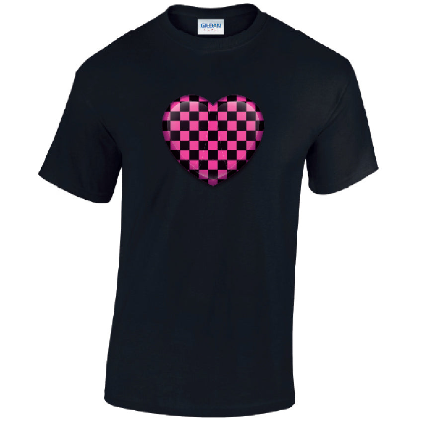 T25 Pink Chequered Heart Unisex Cotton T-Shirts Various Sizes & Colours Available