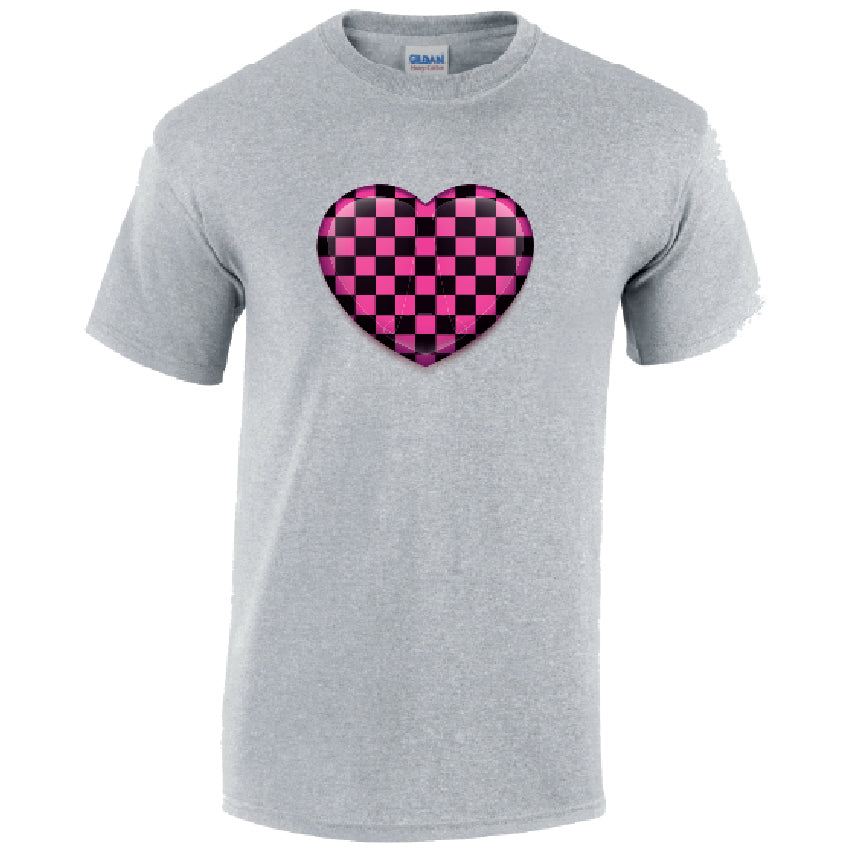 T25 Pink Chequered Heart Unisex Cotton T-Shirts Various Sizes & Colours Available