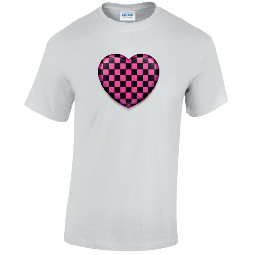 T25 Pink Chequered Heart Unisex Cotton T-Shirts Various Sizes & Colours Available