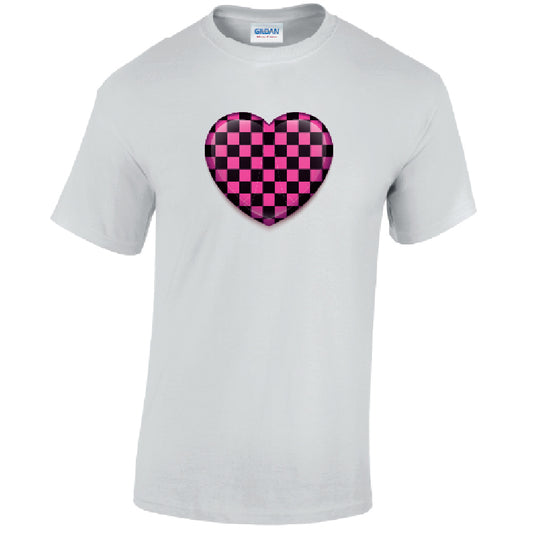 Pink Chequered Heart Mens Cotton T-Shirt 5 sizes 3 Colours Available Printed MT25