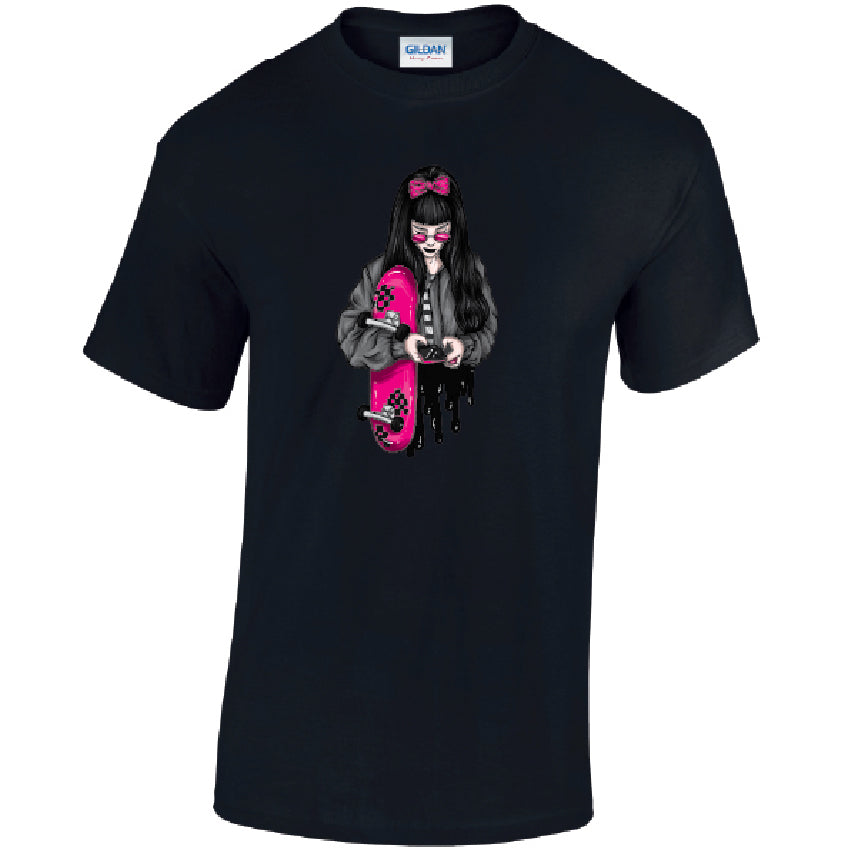Pink Skater Girl Mens Cotton T-Shirt Available in Black Grey and White MT37