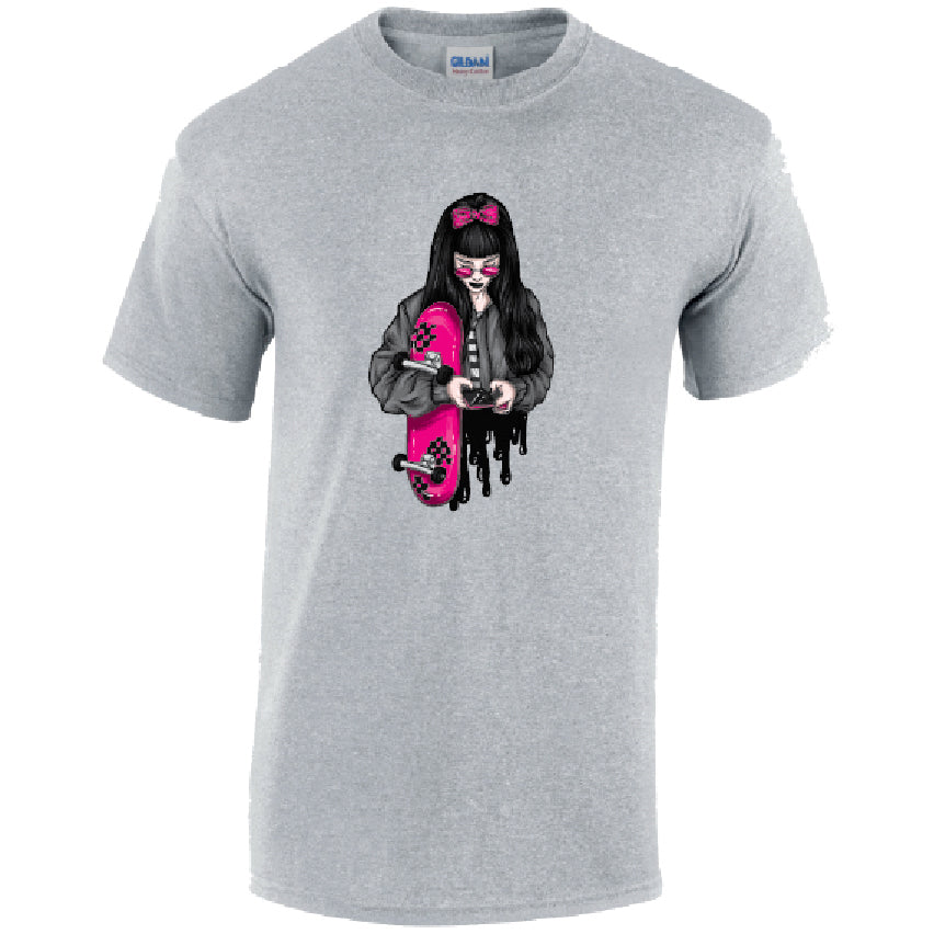 Pink Skater Girl Mens Cotton T-Shirt Available in Black Grey and White MT37