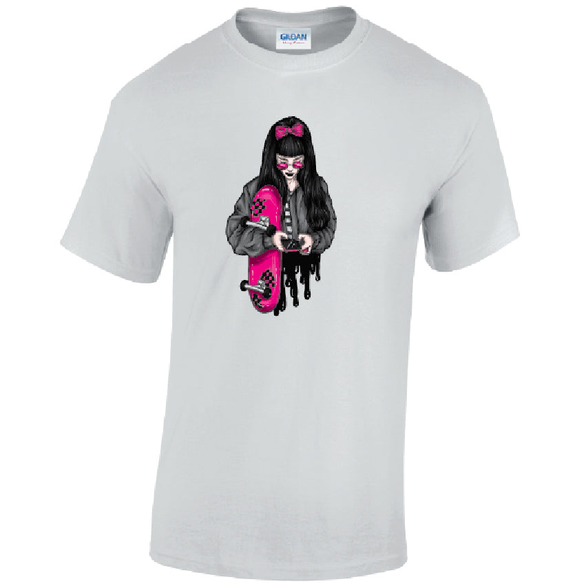 Pink Skater Girl Mens Cotton T-Shirt Available in Black Grey and White MT37