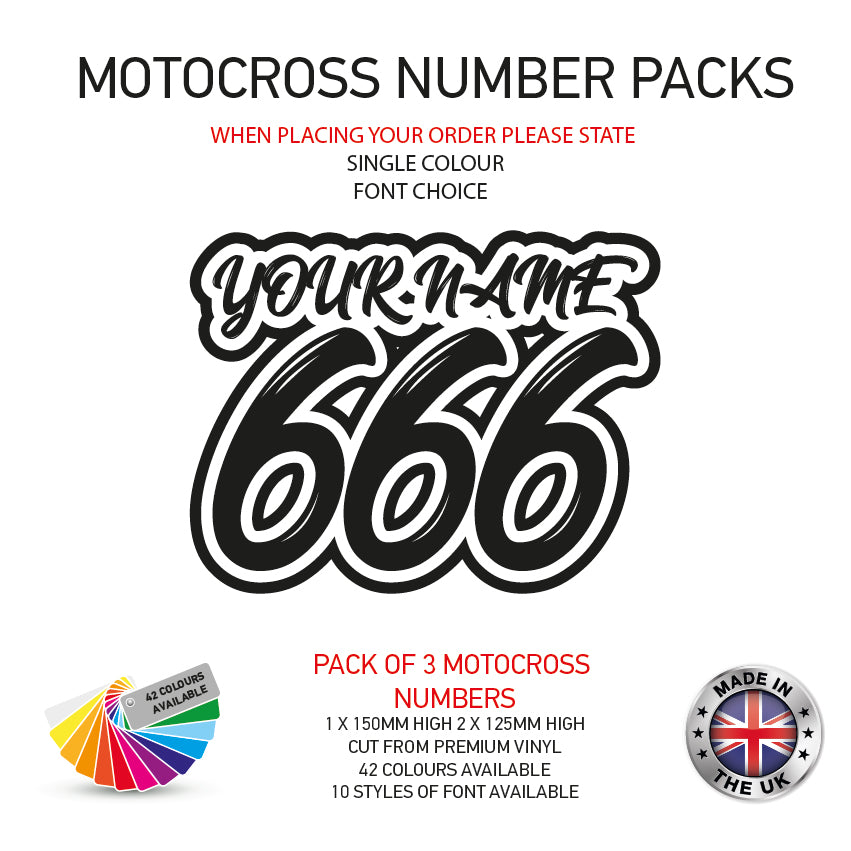 MXSC01 3 x Custom Race Numbers and Name Vinyl Stickers Motorbike Motorcross Quad