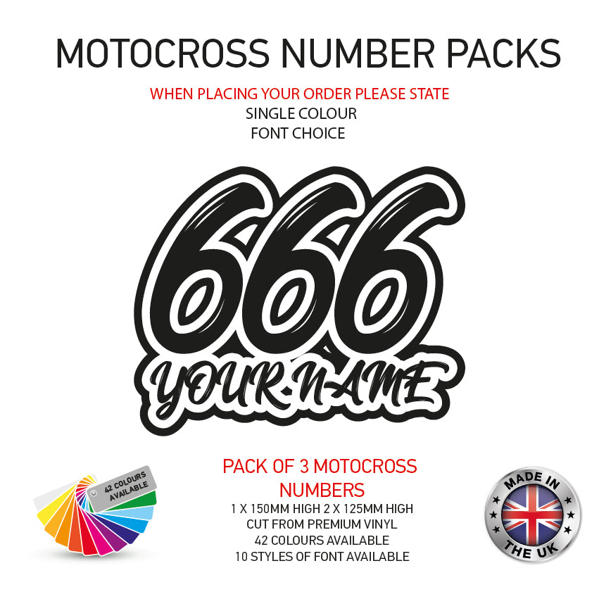 MXSC02 3 x Custom Race Numbers and Name Vinyl Stickers Motorbike Motorcross Quad