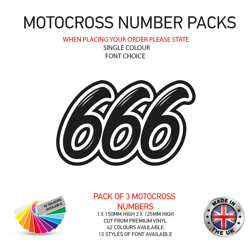 MXSC03 3 x Custom Race Numbers and Name Vinyl Stickers Motorbike Motorcross Quad
