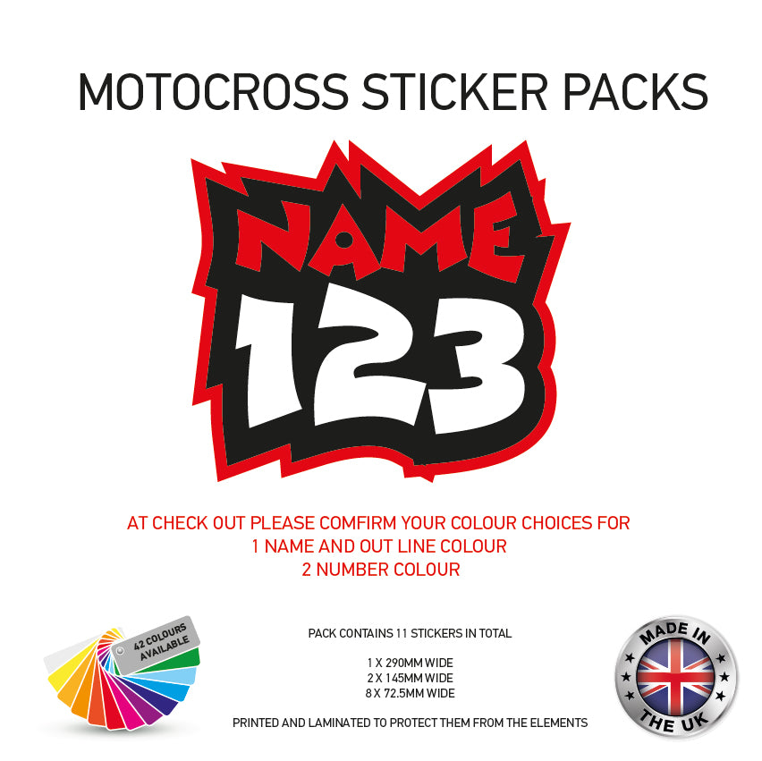 MXSP01-10 Motocross Personalised Name and Number Stickers Moto X Graphics Decal