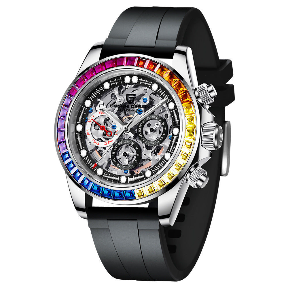 Paganidesign Men's Multifunction Automatic Mechanical Watch with Open Movement and Stainless Steel Case 1653