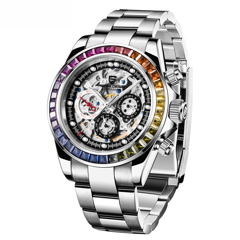 Paganidesign Men's Multifunction Automatic Mechanical Watch with Open Movement and Stainless Steel Case 1653