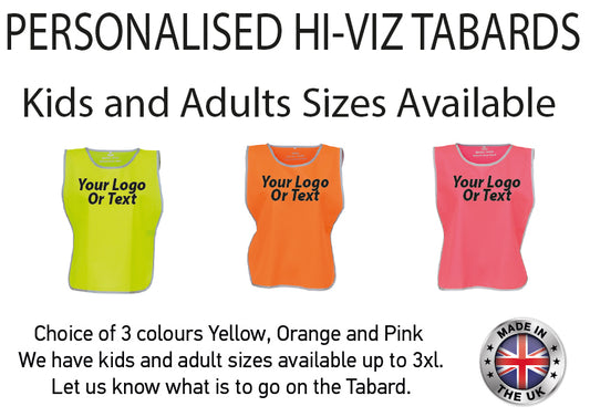 CUSTOM HI-VIZ TABARD PERSONALISED PRINTED HI-VIS SAFETY VEST WAISTCOAT ALL AGES