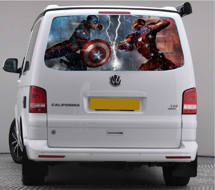 TRANS010 Captain America and Ironman Tailgate wrap for VW Volkswagen Transporter T5 T6 Rear Panel Wrap Air Release Vinyl