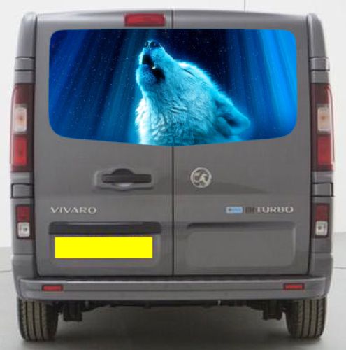 VIV006 White Wolf Tailgate wrap for Vauxhall Vivaro Rear Panel Wrap Air Release Vinyl