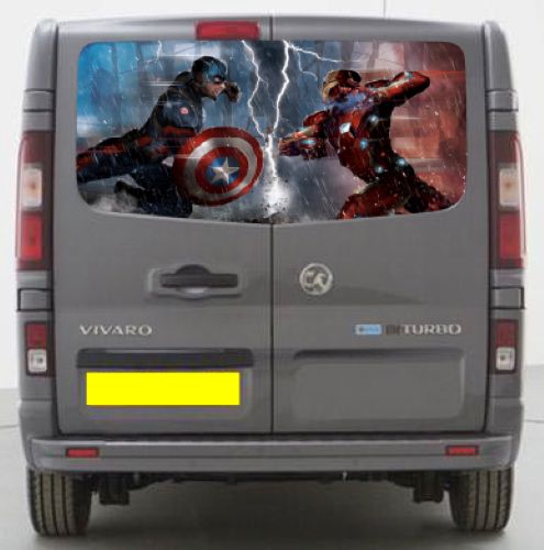 VIV010 Captain America and Ironman Tailgate wrap for Vauxhall Vivaro Rear Panel Wrap Air Release Vinyl