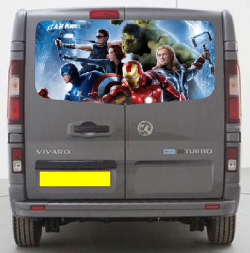 VIV023 Super Hero Characters Tailgate wrap for Vauxhall Vivaro Rear Panel Wrap Air Release Vinyl