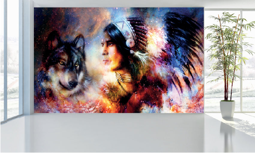 WM005 Indian Man and Wolf Wall Murals WallPaper Print Decal sticker